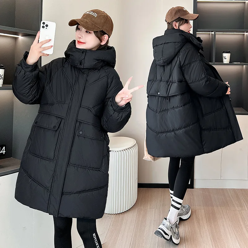 Mid Lenth Parkas Coats Women Hooded Overcoats Solid Zipper Long Sleeves Thick Straight Fit Casual Office Lady Autumn Winter 2025