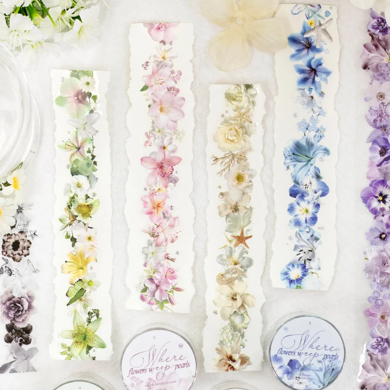 1Pcs Vintage Blossom PET Decor Tape, Die-Cut Floral Sticker Tape for Scrapbook Embellishment