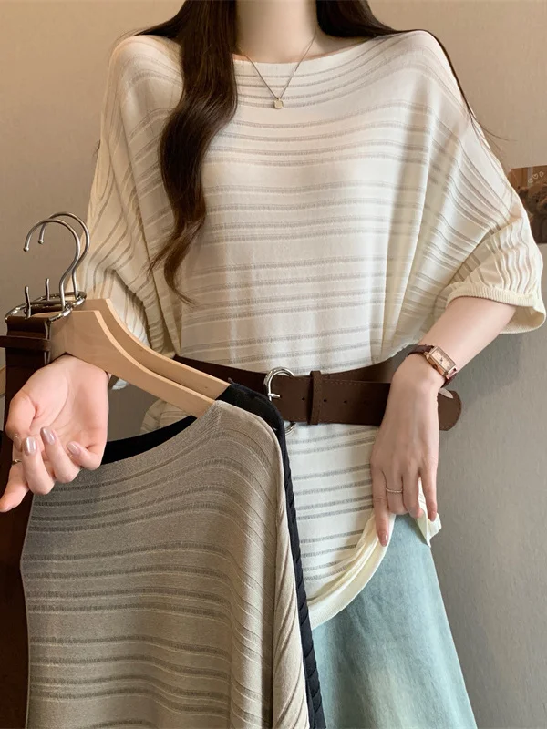 

plus Size Women's Ice Silk Half Sleeve Knitted Top Summer Slimming Cool Feeling Loose Short Sleeve T-Shirt Korean Style Commute