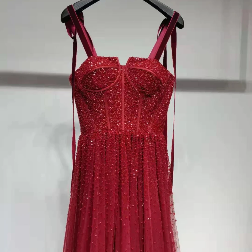 Red Crystal Luxury New Arrive Glitter Court Train Straps with Diamond A-Line Formal Evening Dresses for Women Wedding Gowns