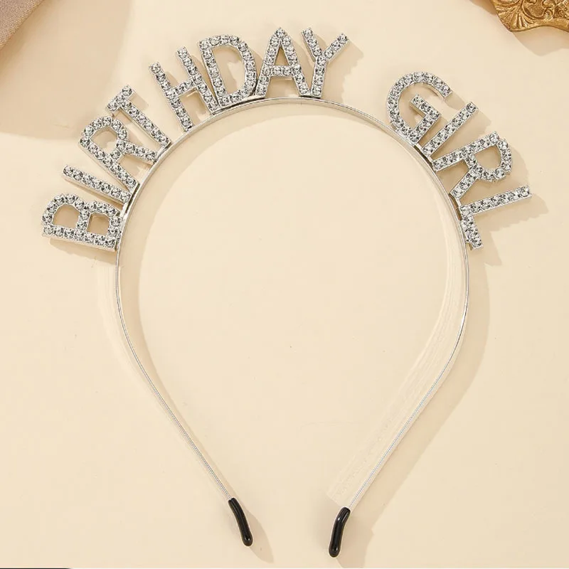 Faixa de cabelo/diadema com letras criativas "aniversário de menina", acessório completo de coroa de festa de aniversário com strass