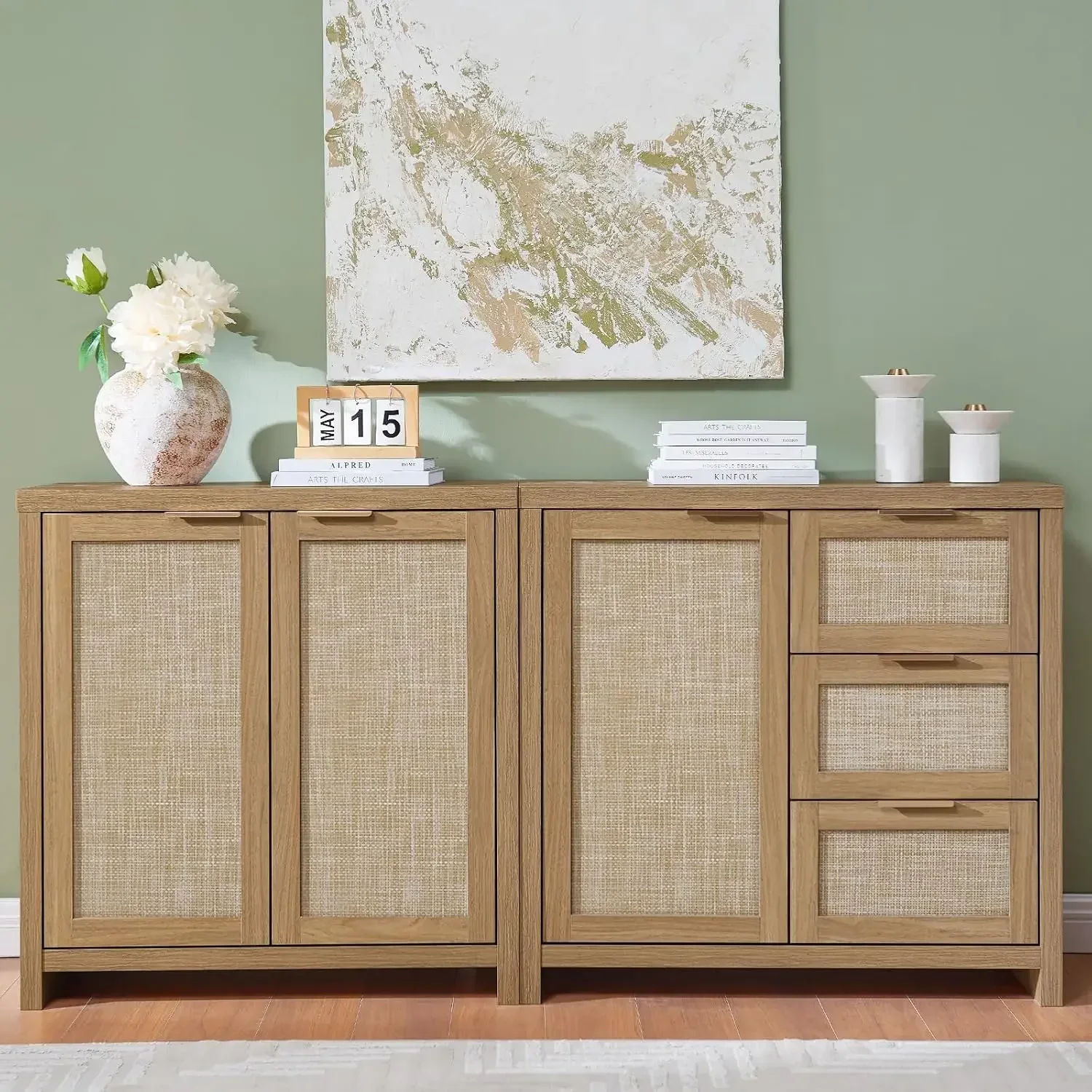 

Storage Set, Rattan Sideboard Buffet Cabinet with 3 Doors and 3 Drawers, 65.4" Large Kitchen Cabinet Console Cabinet
