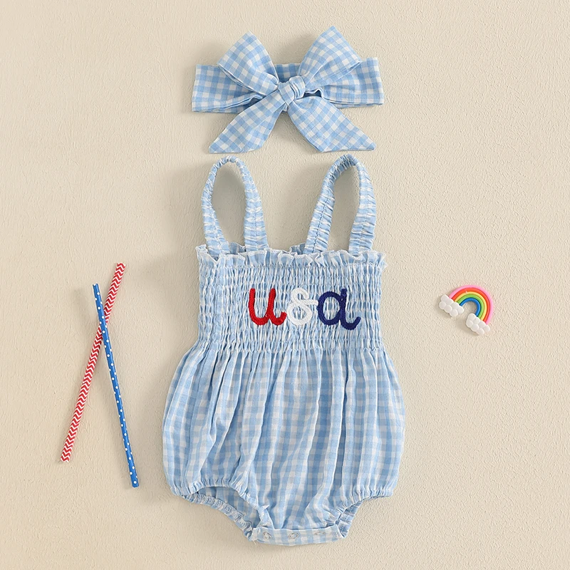 Cute Baby Girl 4th of July Set Red Plaid Romper with Embroidered Letters and Matching Headband for Summer Celebrations