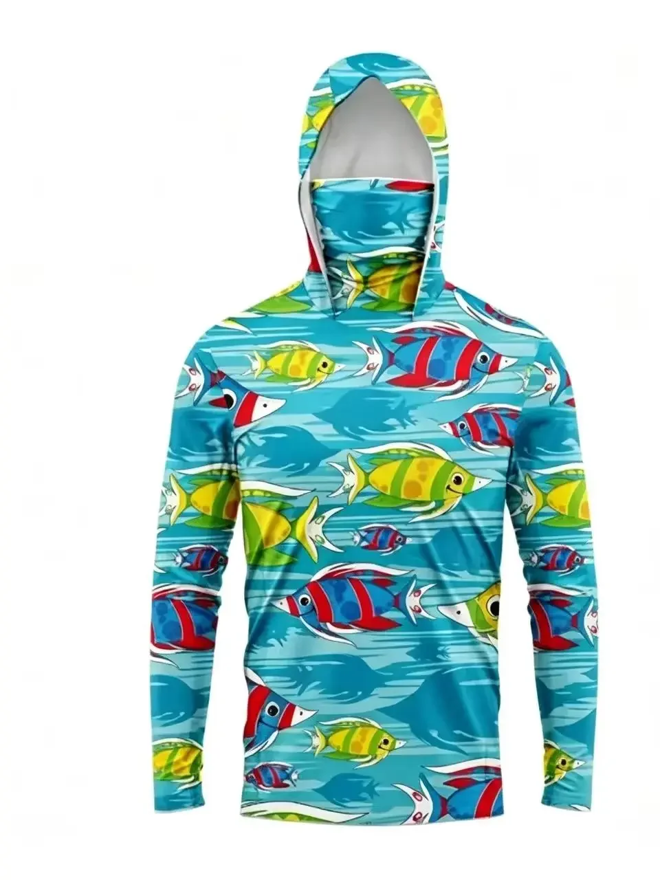 Men Ocean Fish 3D Print Hooded Fishing Shirt Polyester Long Sleeve UV Sun Top With Built In Face Cover
