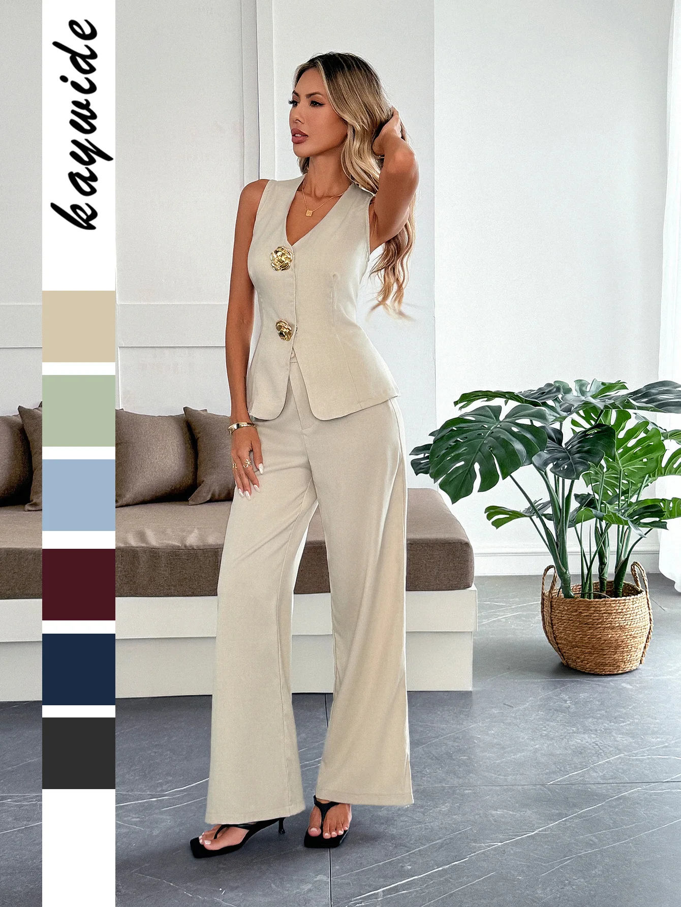 

EINY Women 2 Piece Set Halter Neck Single-Breasted Simple Sleeveless Halter Vest Top+High Waist Straight Trouser Casual Pant Set
