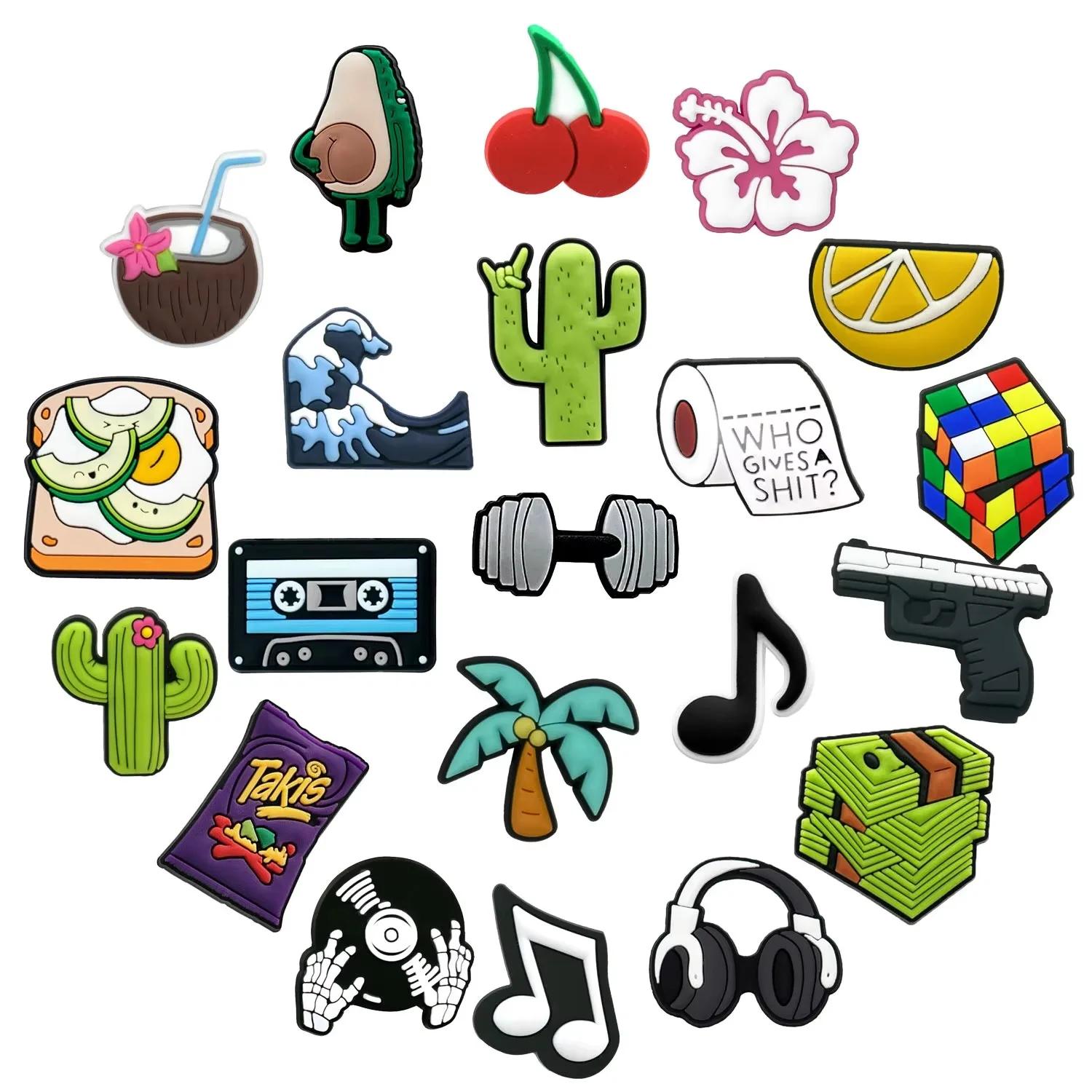 20Pcs Mixed PVC Shoe Charms, Assorted Fruit Plant Music Food Clog Charms, Avocado Cactus Cherry Flower Cube Vinyl Record Headphone Decorations, DIY Shoe Accessories Gift for Women Teens