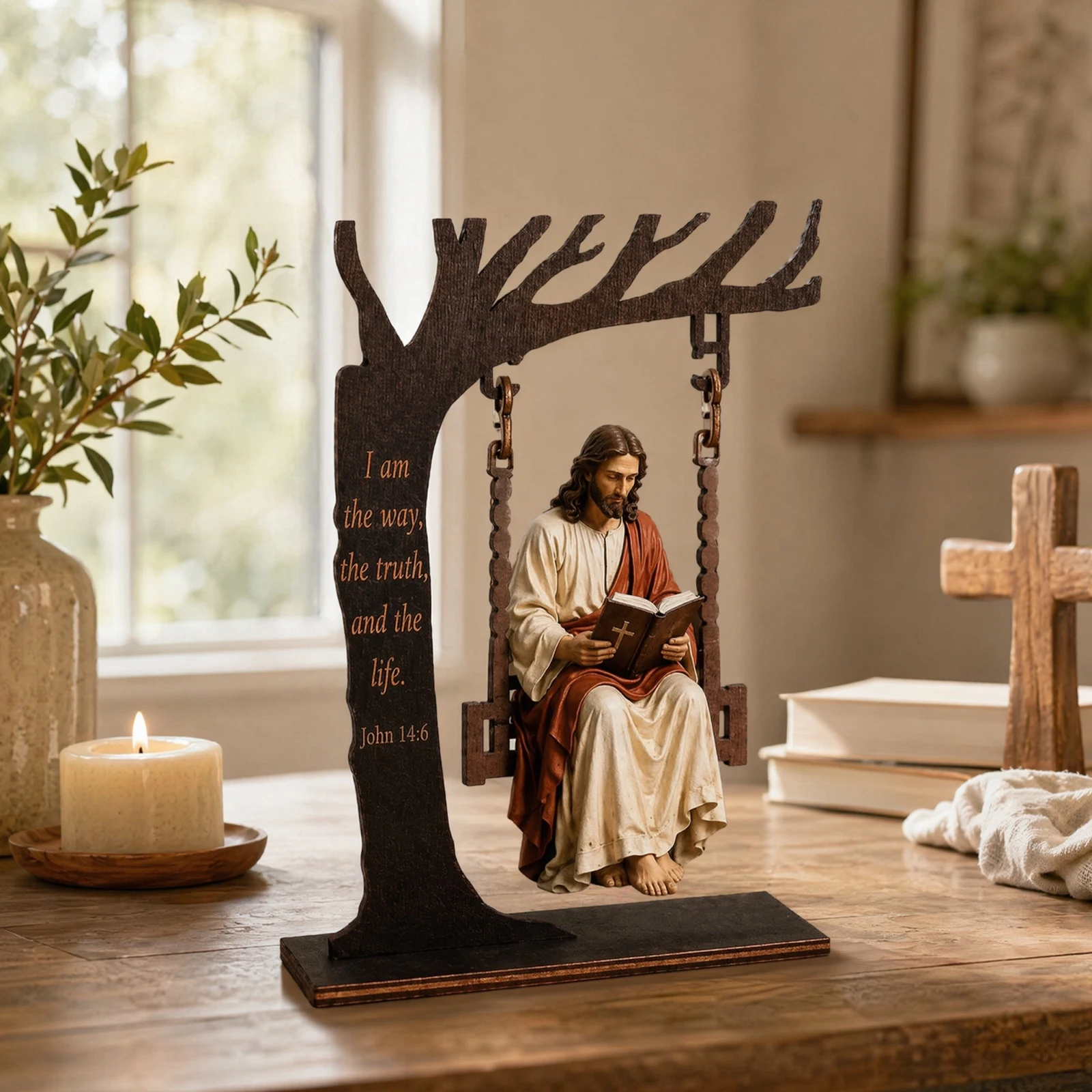 Wood Jesus Bible Swing Ornament Multi-Purpose Christians Bibles Readings Figurines Gifts for Christian Believers Bible Lovers