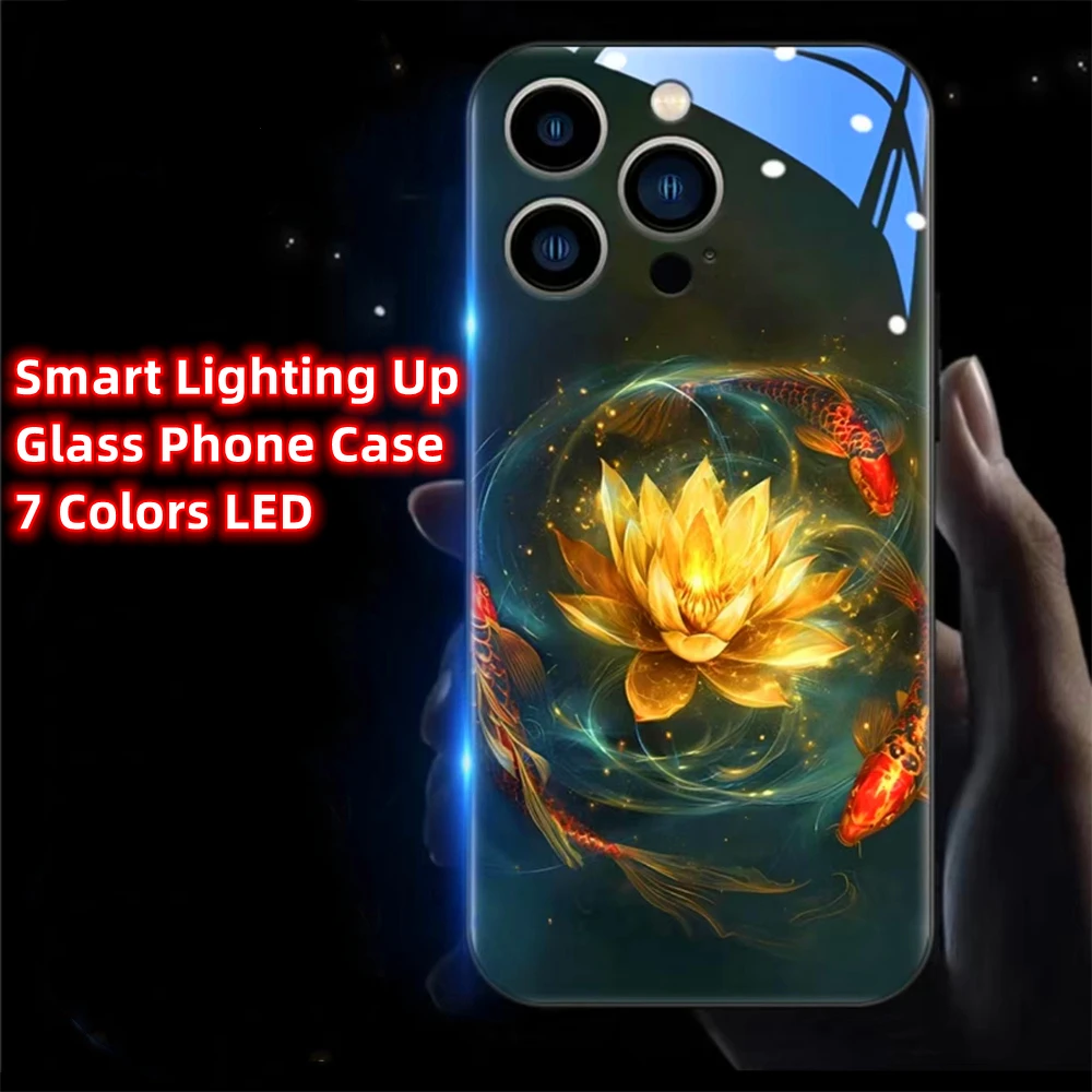 

Lucky Carp Golden Lotus Sound Music Control Led Light Glow Phone Case For Samsung S24 S23 S22 S21 S20 FE Note 10 20 Plus Ultra