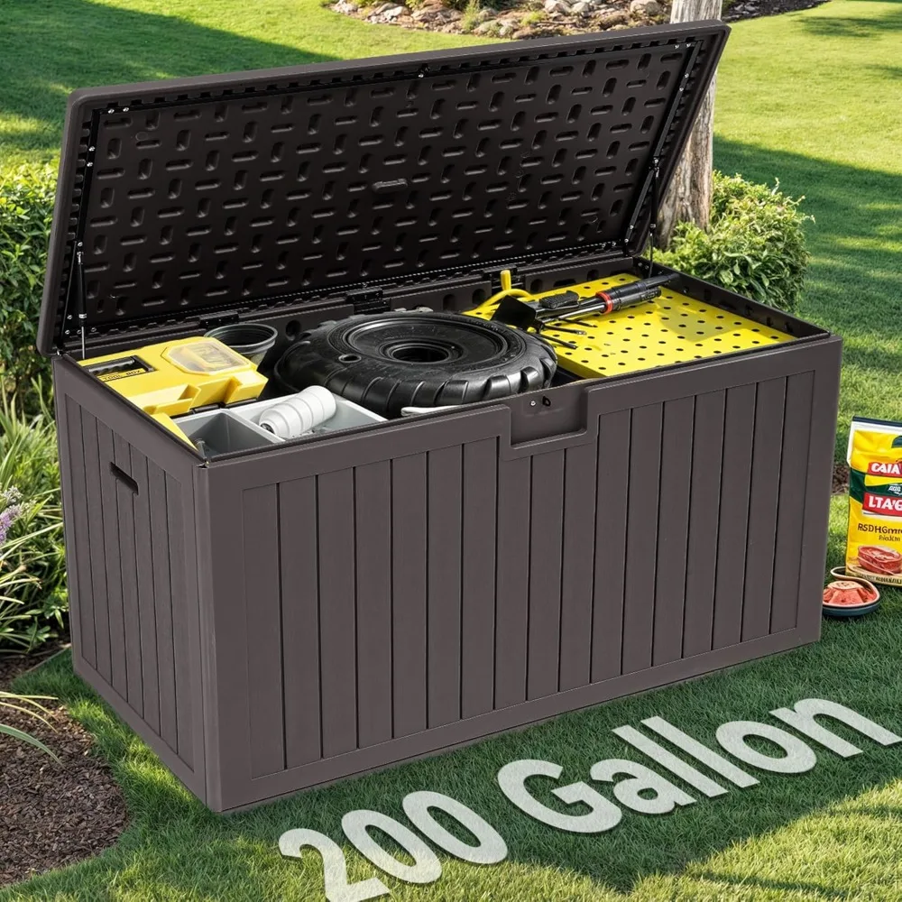 

200 gallon double walled deck box with dividers and side handles, outdoor large courtyard furniture mat storage, garden