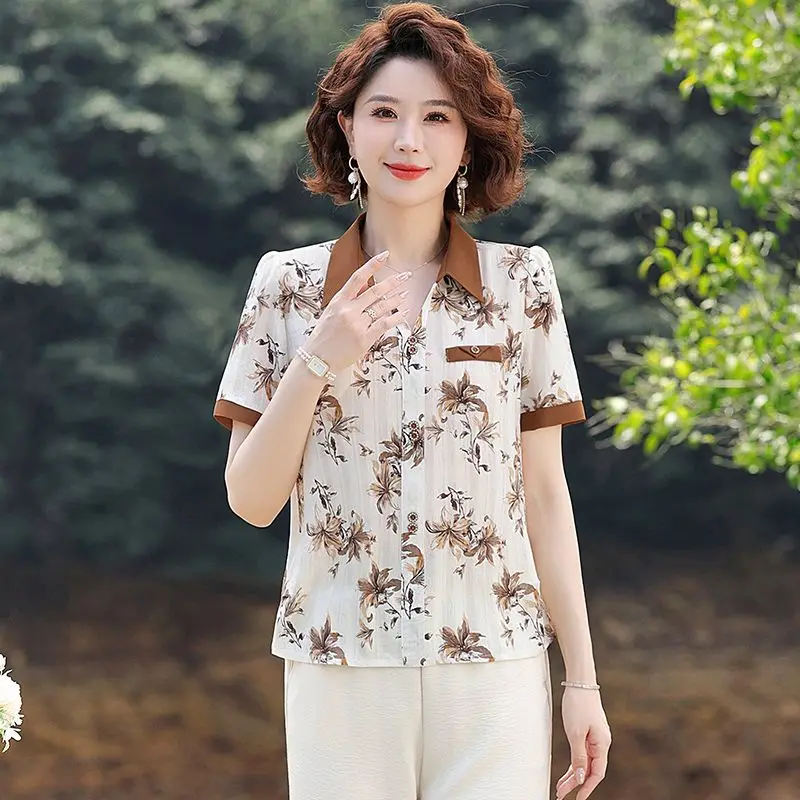 Women's New Splicing Socket Lapel Button Printing Stylish Loose Versatile Casual Short-sleeved Blouses Shirts