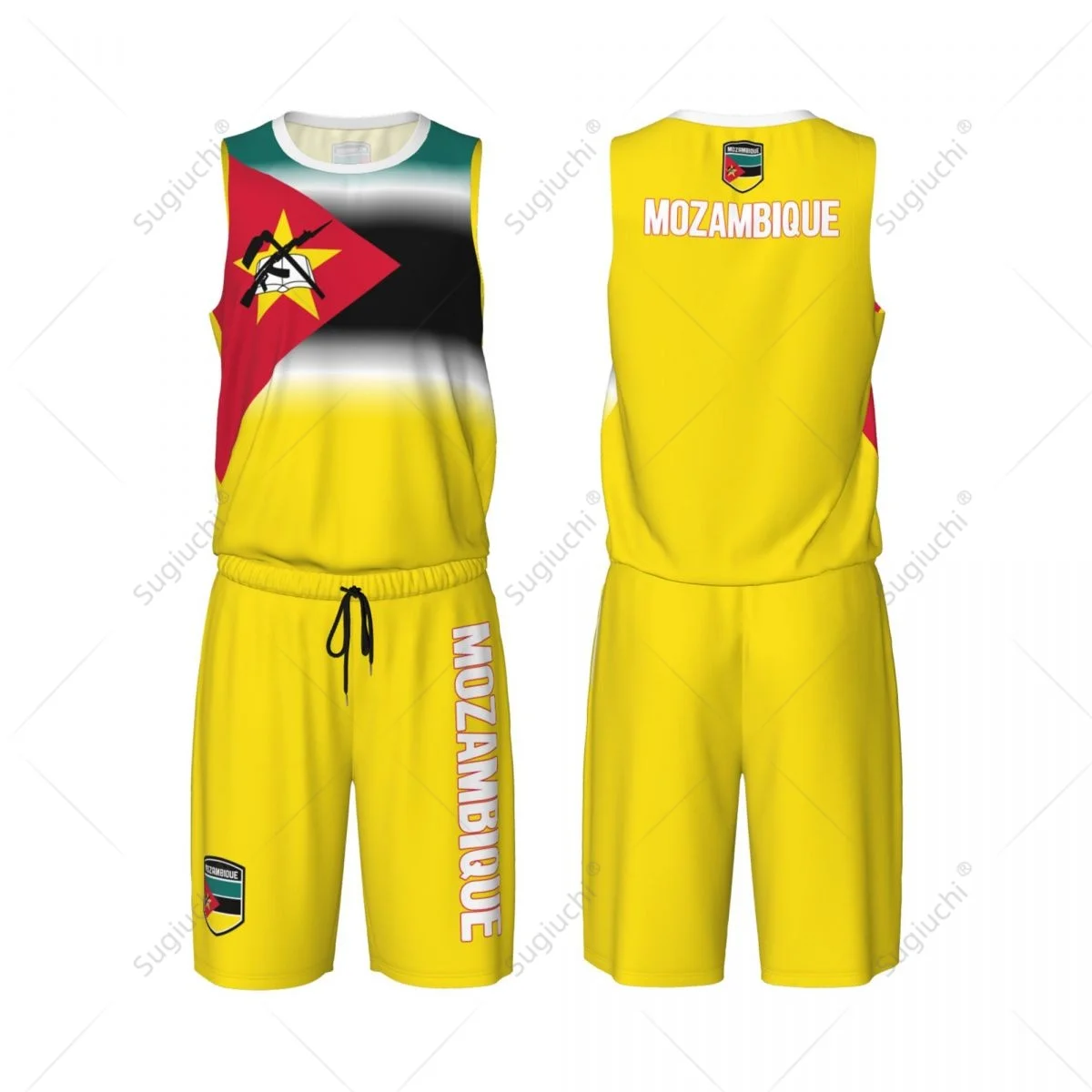 Conjunto de camisa de basquete com bandeira do Mozambique masculina, camisa e calças de malha, sem mangas, exclusivo, nome personalizado, Nunber, unissex