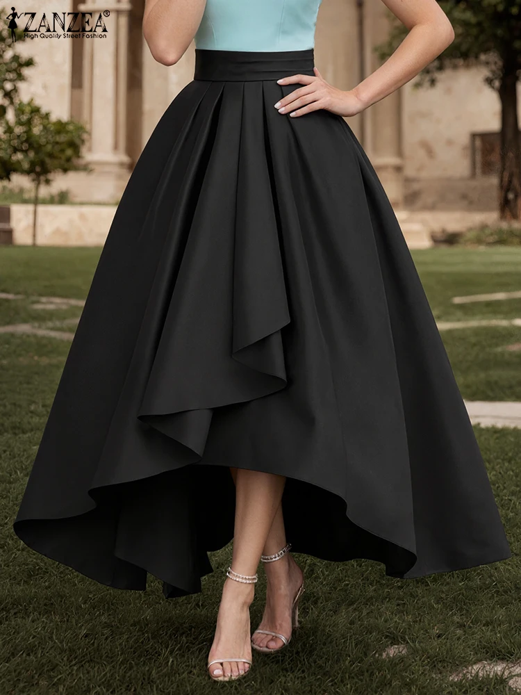 

ZANZEA, элегантная юбка с неровным подолом, 2021, женская осенняя атласная юбка Jupes, праздничный дизайн с крестом, макси-юбки, однотонные юбки большого размера