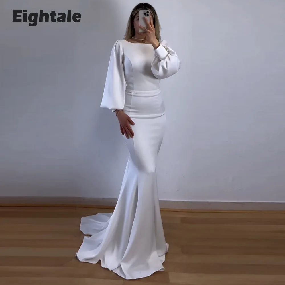 

Eightale White Evening Dresses for Wedding Party O-Neck Satin Mermiad Long Puffy Sleeves Formal Celebrity Prom Party Gowns