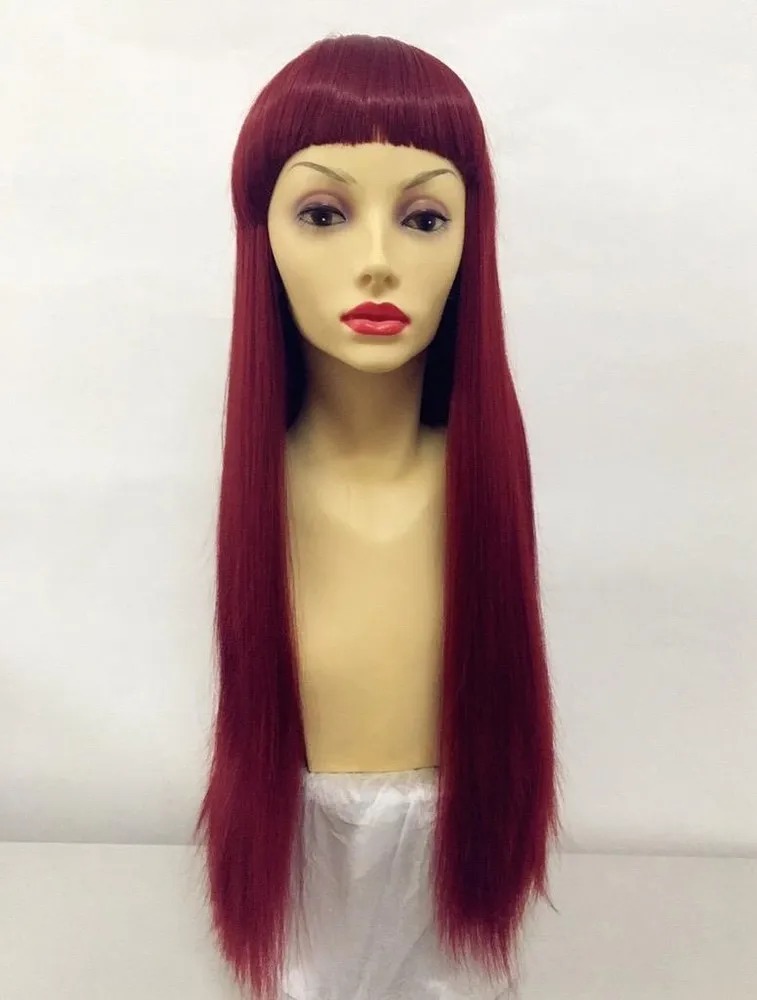 PELUCA RECTA LUNGA DEUXE ROJO OSCURO CON PERRAS COMPLETAS BLUNTAS, MODA