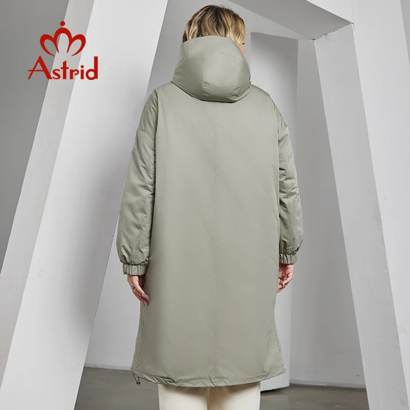 Astrid Autunno Inverno Giacca da donna Lungo e sottile Trench in cotone Cappuccio Orlo diviso Caldo Parka imbottito allentato Taglie forti Abbigliamento donna