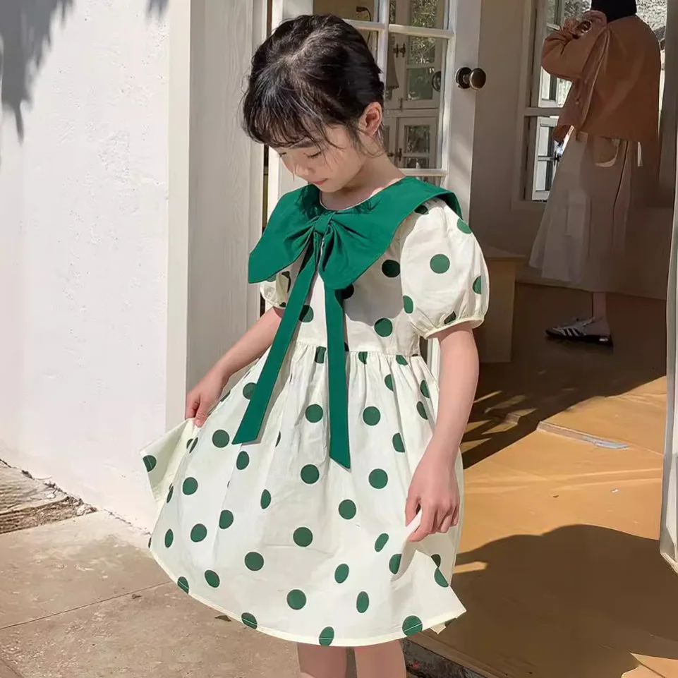فستان أنيق للفتيات رقصة البولكا دوت ، ملابس أطفال كورية ، أكمام فانوس ، قوس عالي الجودة ، فستان دمية على طراز الأكاديمية ، جديد