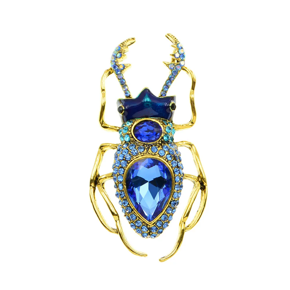 Vintage Punk Blue Crystal Beetle Brooches For Woman Man Fashion Creative Insect Rhinestone Pin Dress Suit Coat Jewelry Accessory