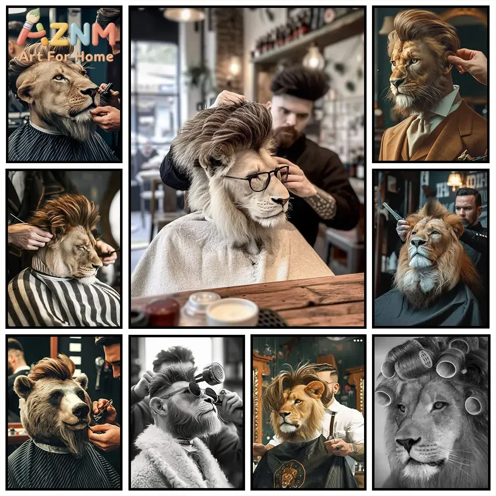 AZNM Funny Lion Barber Shop Canvas Print, Frameless Cool Anthropomorphic Animal Wall Poster, Humorous Barbershop Artwork for Sal