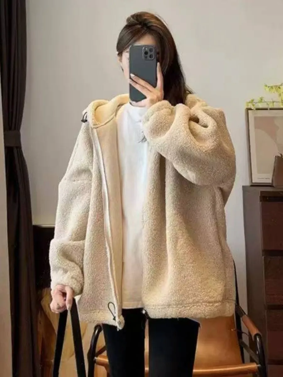 faionable-thiened-hooded-jaet-women's-outerwear-autumn-winter-new-sle-loose-fit-cardigan-two-piece-set-with-fce