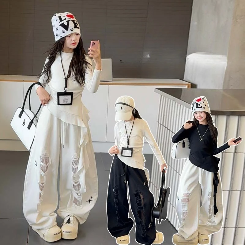 デザイン14-ガールズ-レース-ホール-ワイドレッグパンツ-ジュニア-キッズ-コットン-イレギュラー-リボン-トップス-tシャツ-子供服-ティーンガールズ-リップドトラウザーズ