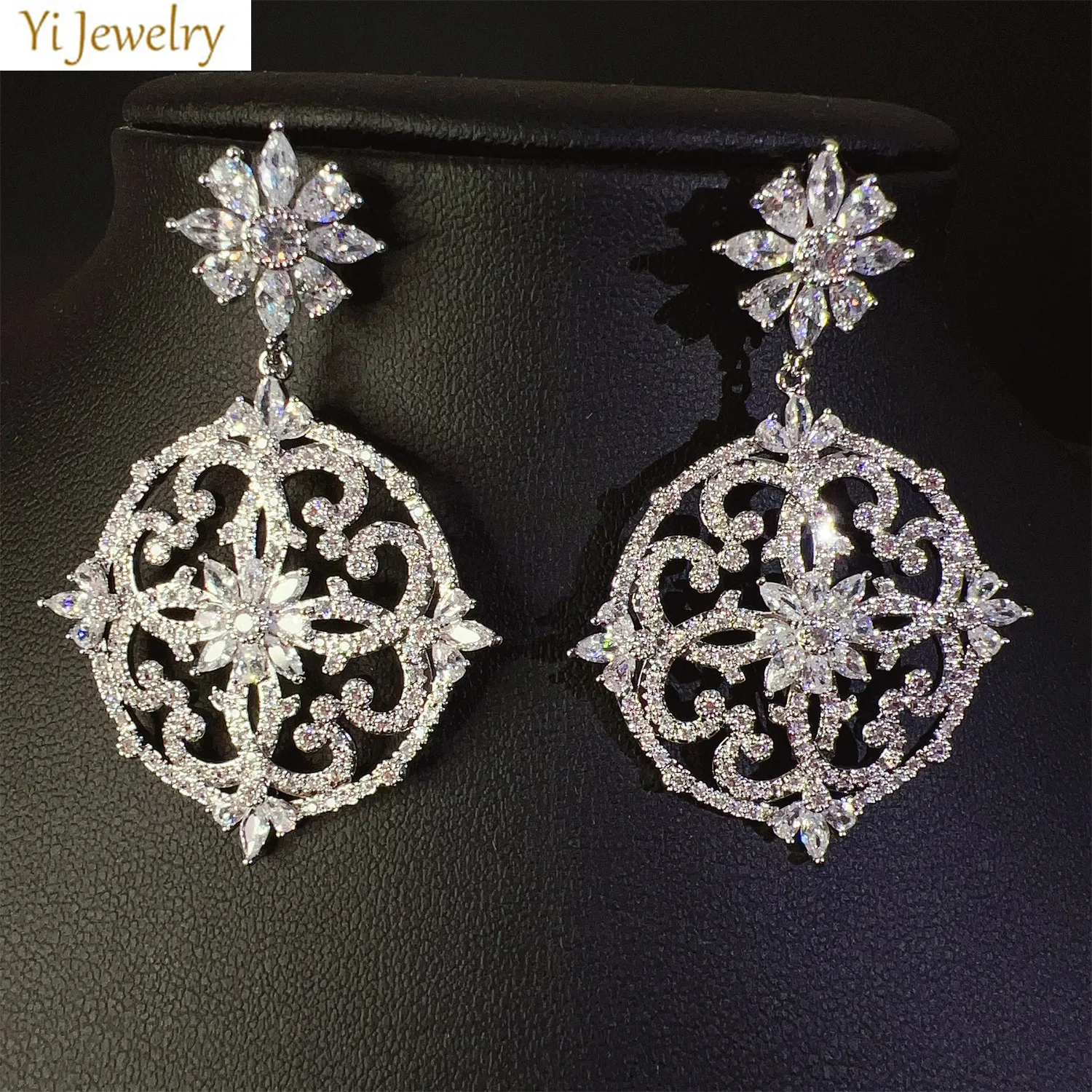 

vintage shiny zirconia earrings silver color round pendant flower earrings for women dinner party wedding luxury jewelry gift
