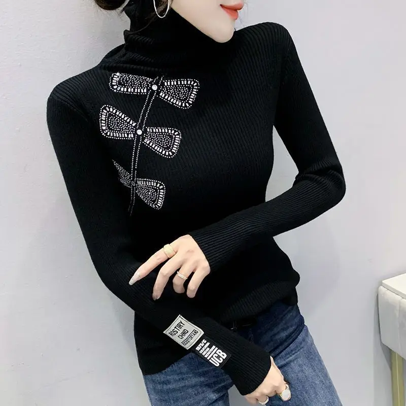 Trend Office Lady Simplicity Undercoat Slim Women\'s Clothing Fashion Casual Diamonds Solid Color Pullovers Winter Thin Sweaters