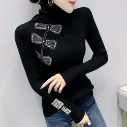 Trend Office Lady Simplicity Undercoat Slim Women's Clothing Fashion Casual Diamonds Solid Color Pullovers Winter Thin Sweaters