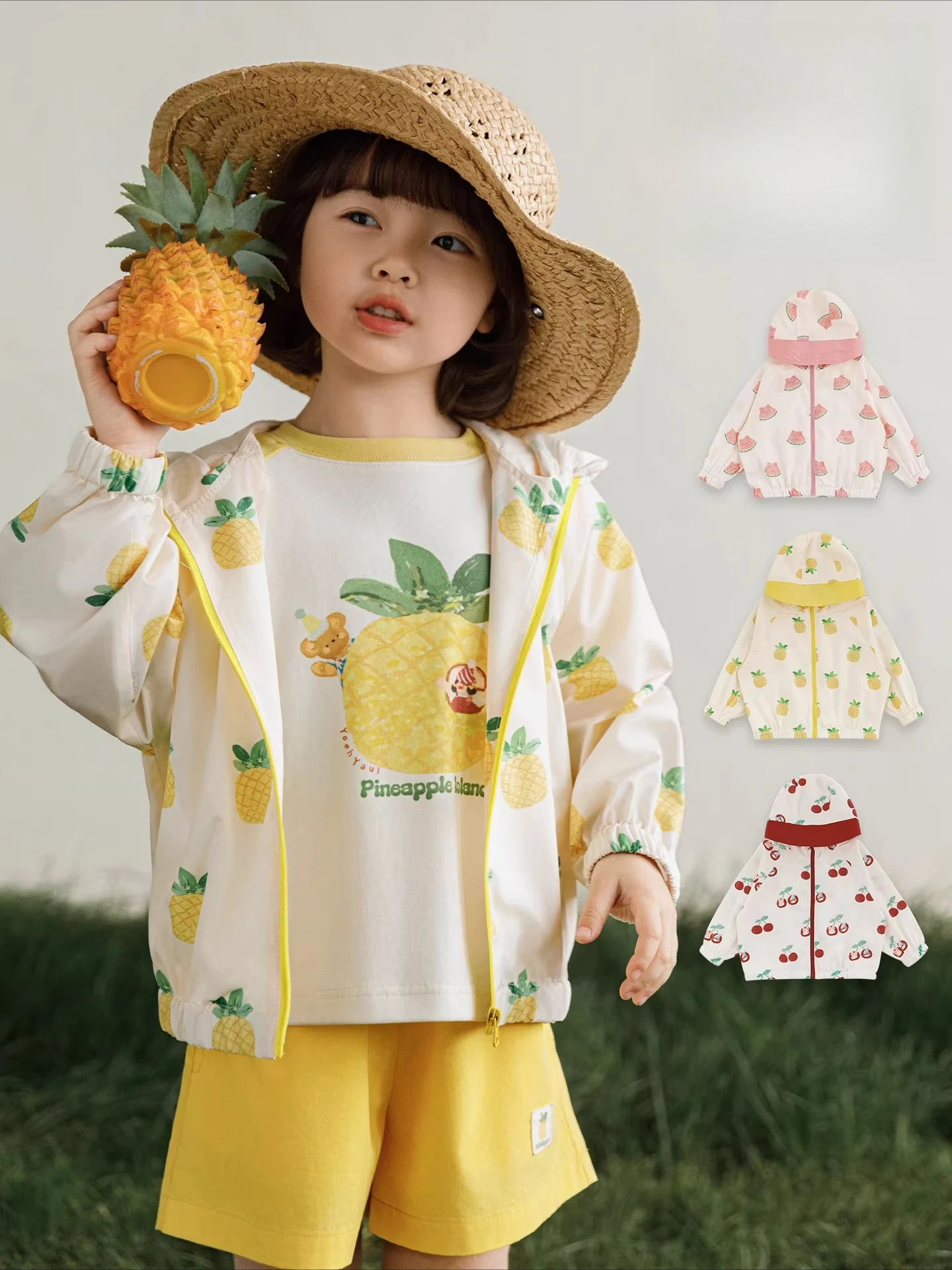 2026 New Summer Girls Fruit All Over Print Sun Protection Hooded Jacket Lightweight Breathable Loose Outerwear