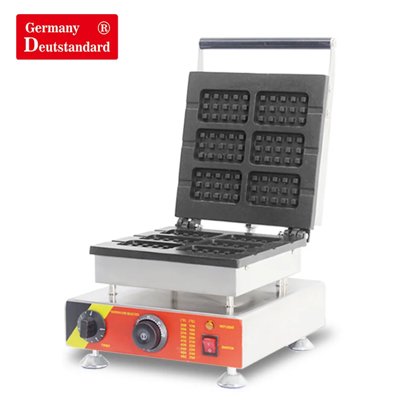 プロの正方形のワッフル製造機,6ユニット,長方形,ベルギーのステンレス鋼,焦げ付き防止テフロンワッフル,スナック装置