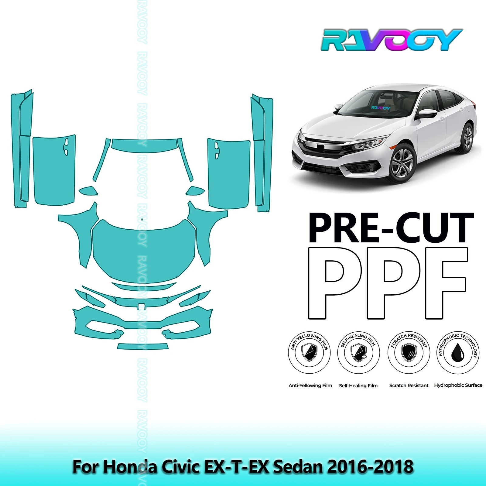 

8.5Mil Precut Paint Protection Film PPF Clear Bra Front Kit+Doors For Honda Civic EX-T-EX Sedan 2016-2018