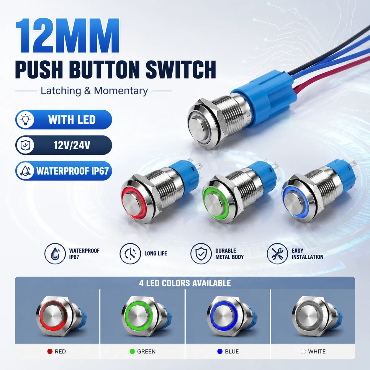 12mm push button switch,latching and momentary,with LED12V/24V waterproof IP67