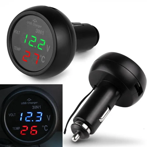 Voltímetro Digital LED de 12V y 24V 3 en 1, medidor de ligadura de cigarrillo Universal para coche, termómetro de temperatura, medidor de voltaje del cargador USB