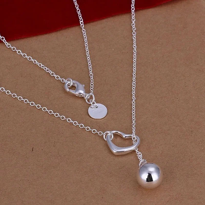 

925 Sterling Silver Round Ball Heart Pendant Necklace For Women Lady Wedding Engagement Party Jewelry Charm Valentine's Day Gift