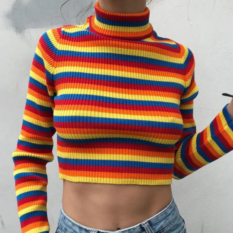 Womens Autumn Long Sleeve Turtleneck Sweater Colorful Rainbow Stripes Short Crop