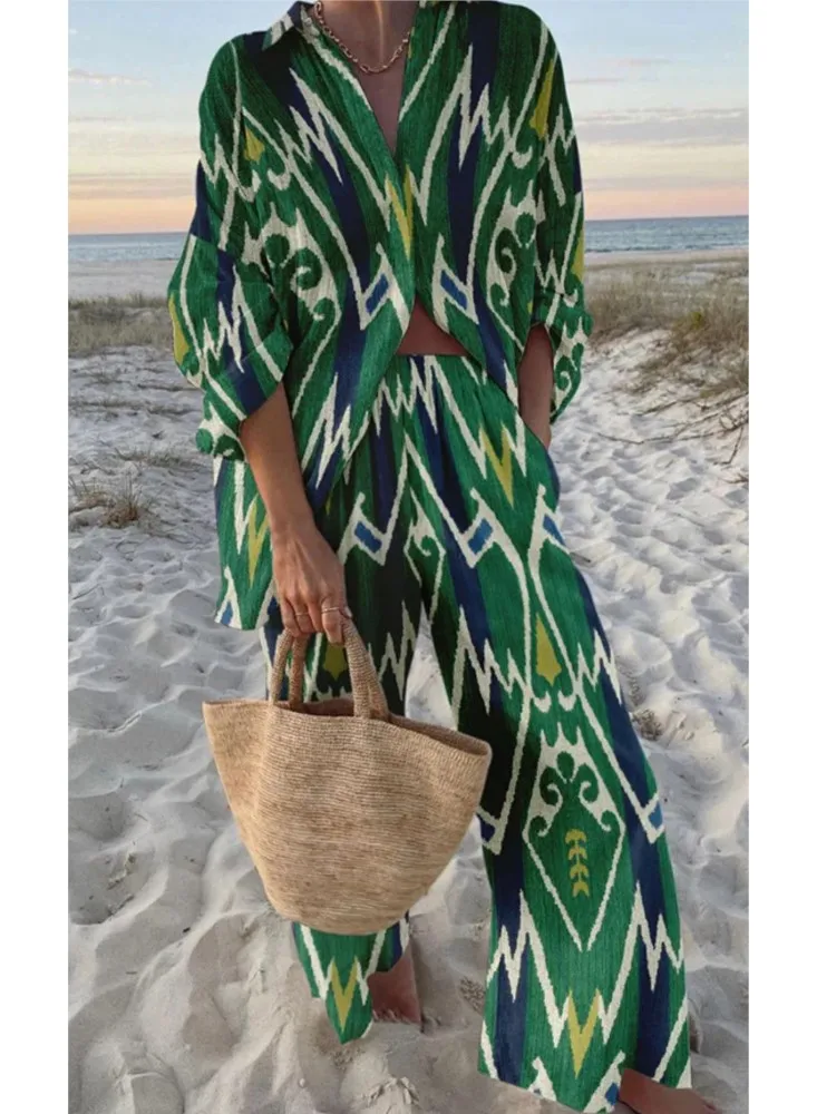 

Spring Autumn New In Print Pant Sets Women 2025 Fashion Long Sleeve Shirts Wide Leg Trousers Two Piece Sets Trendy Streetwear