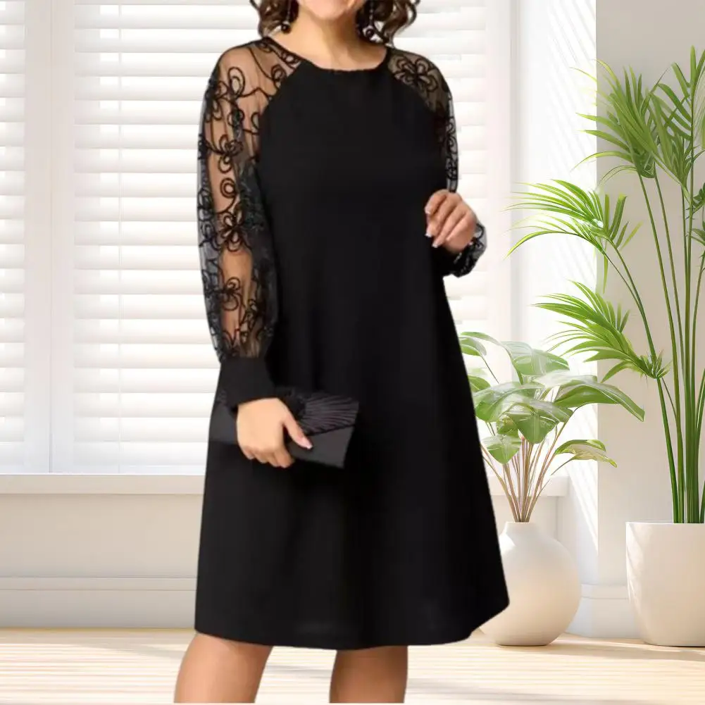 Women's Lace Patchwork Dress Crew Neck Long Sleeve Loose Dress Summer Casual A-line Midi Dress For Daily Vacation Женское Платье