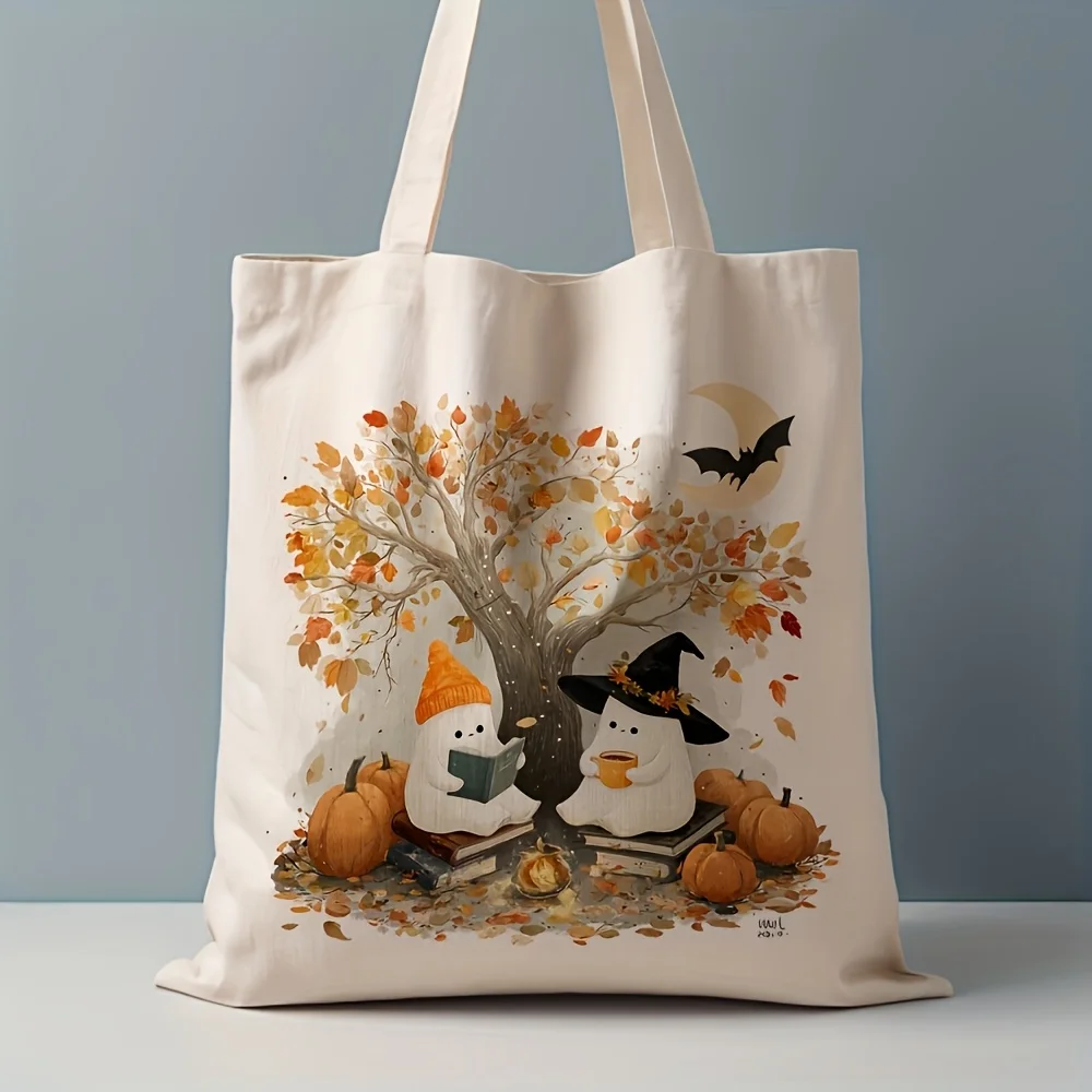 Cute Ghost Autumn Tree Canvas Tote Bag Halloween Pumpkin Bat Moon Print Large Capacity Shoulder Bag Daily Shopping Handbag
