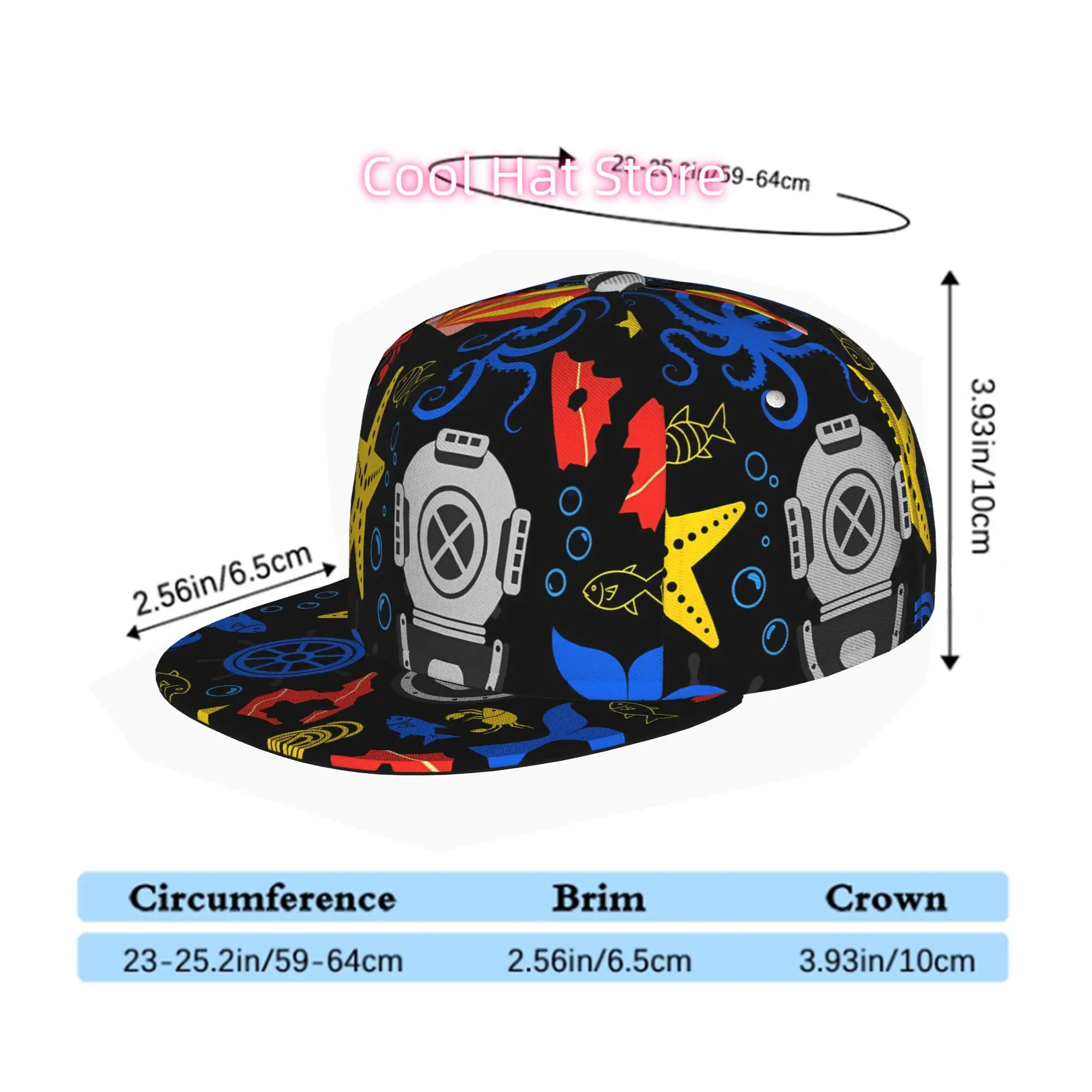 Cap Featuring a Sea Design with an Octopus, Shell, Fish, Starfish, And a Diving, Suitable for Both Men And Women. This Flat-Brim