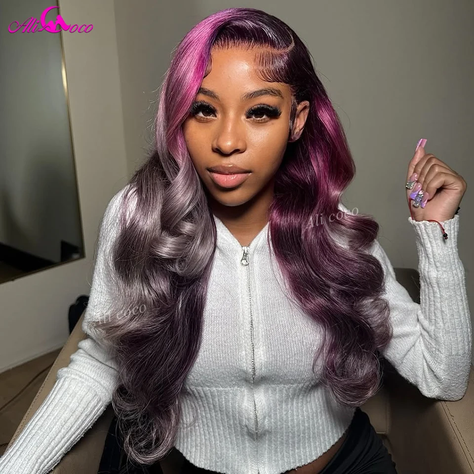

Ombre Purple Grey Colored HD Transparent Lace 13x4 13X6 Lace Front Human Hair Wig PrePlucked Body Wave for Women
