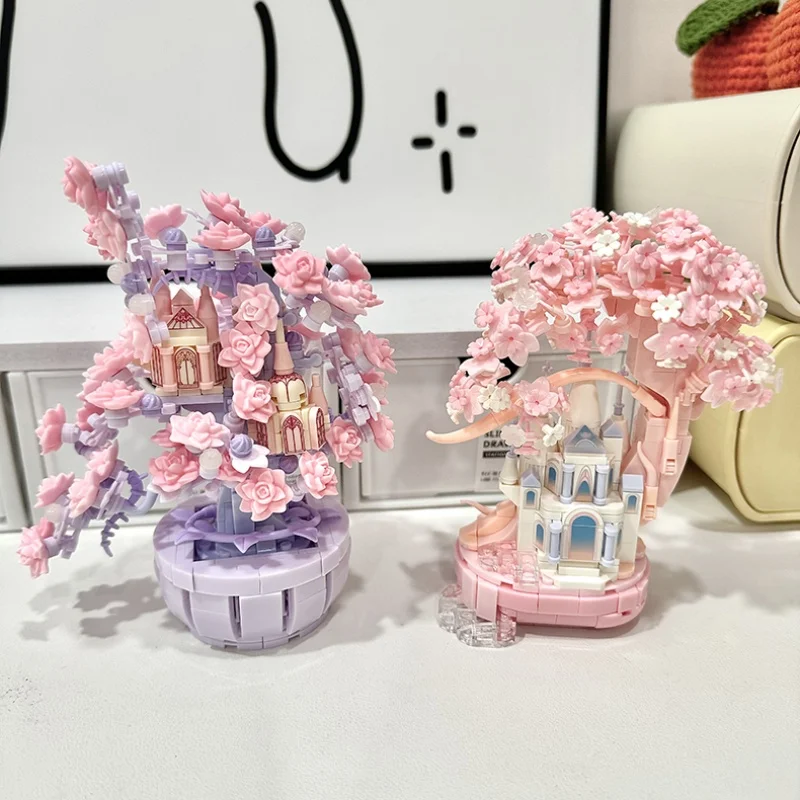 DIY 크리 에이 티브 변색 벚꽃 나무 집 빌딩 블록 MOC 꽃 클래식 모델 벽돌 장난감 소녀를위한 로맨틱 선물