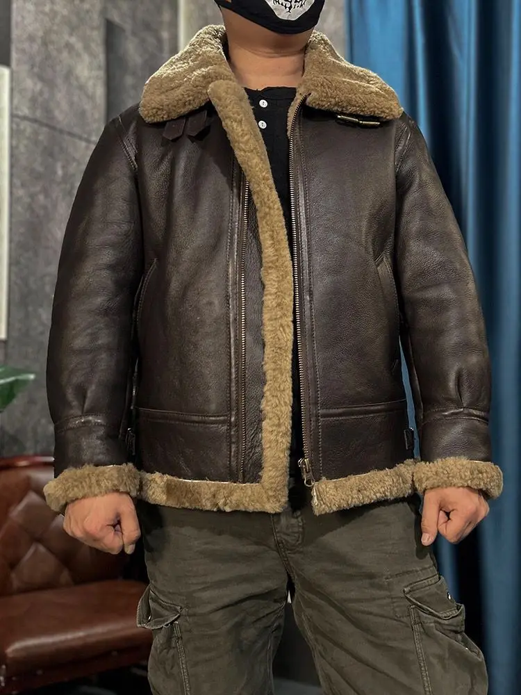 

Brand New Men's Winter Clothes Genuine Leather Sheepskin Shearling Overcoat Pilot Bomber Jacket Brown Plus Size 5XL 6XL 7XL 8XL