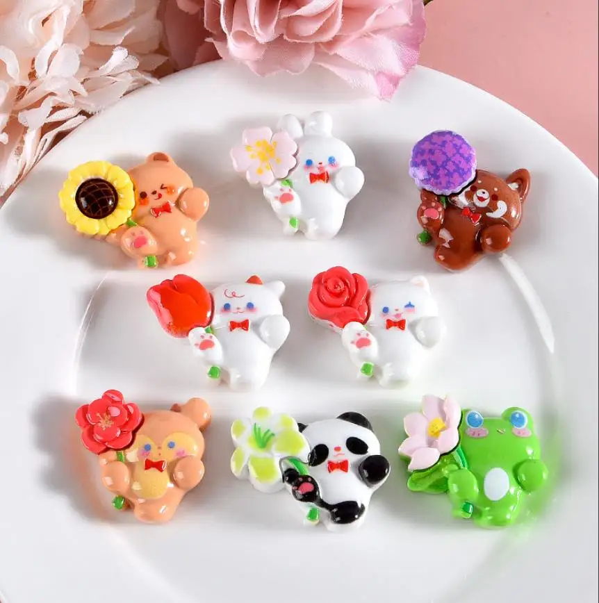 

100pcs Kawaii Cartoon Animal Flower Resin Flat Back Convex Circular Scrapbook Hair Bow Making DIY Accessories