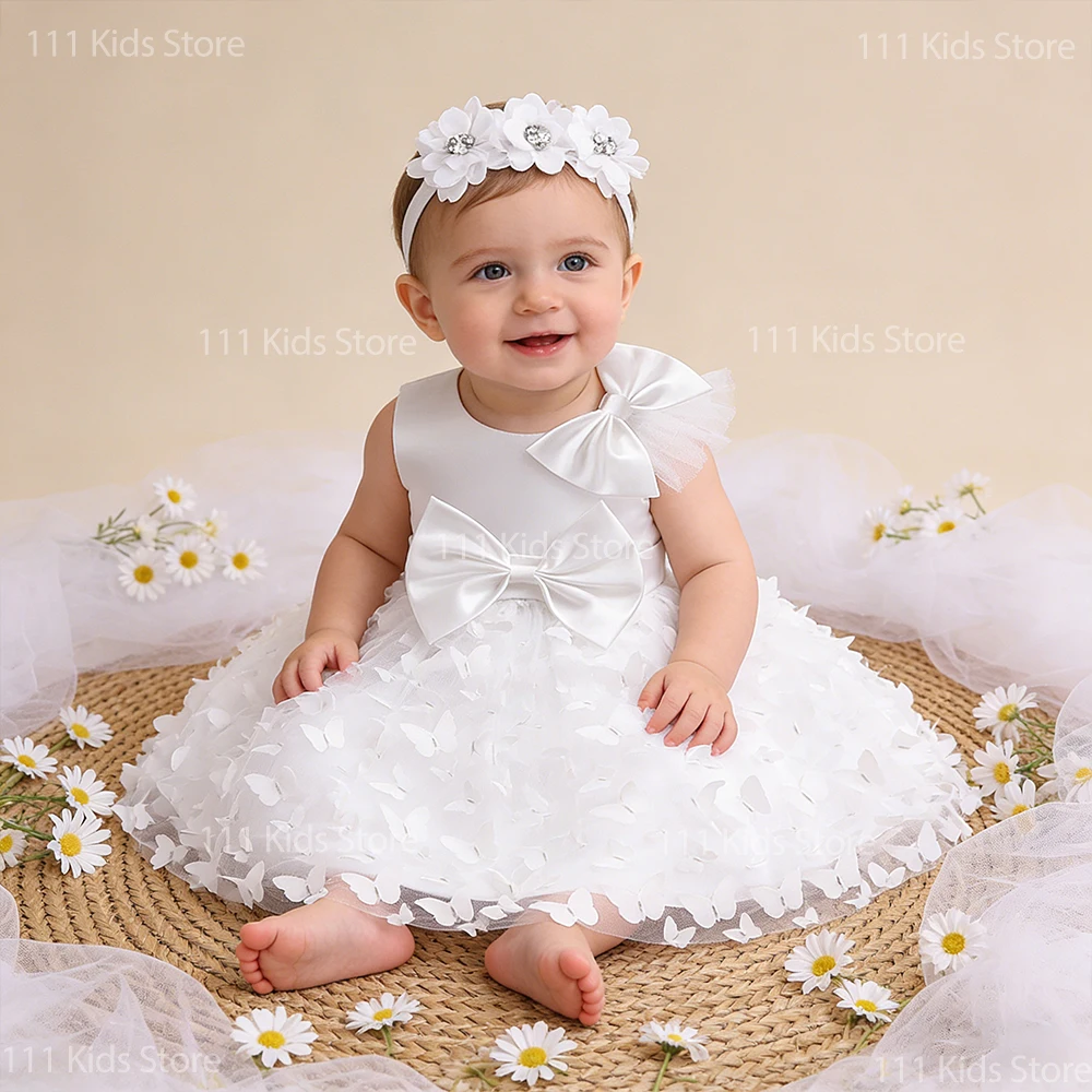 Summer White and Pink Butterfly Dress for Girls Tulle Wedding Dress Baptismal Ceremony Costume Baby Girl Clothes 1st Birthday