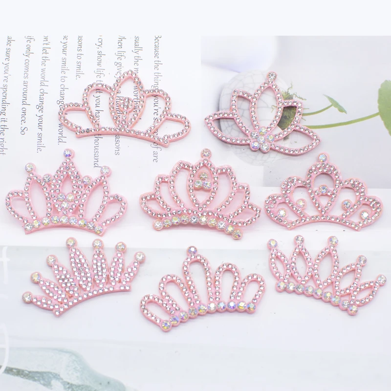 10Pcs Pink Padded Multiple Shaped Crown Rhinestone Applique for DIY Clothes Crafts Decor Patches Headwear Hair Bow Accessories