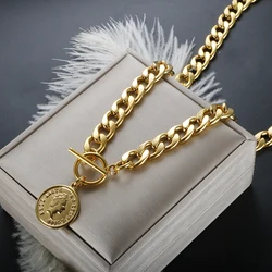 ZMFashion Vintage Punk Coin Chains Choker Necklace For Women Men Gothic Stainless Steel OT Buckle Portrait Chunky Chain Jewelry