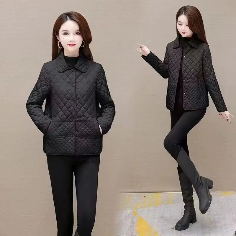 2024 New Diamond Checker Lightweight Down Cotton Coat for Mother's Autumn Winter Loose Lightweight Liner Cotton Jacket For Women