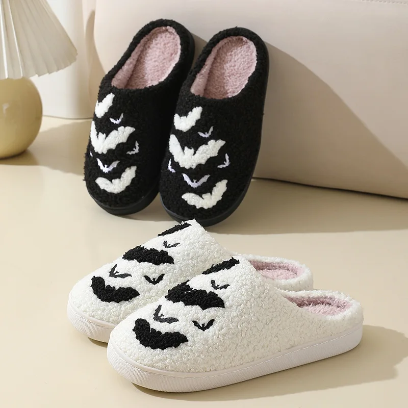 Halloween Bat Pattern Home Thick-soled Cozy Furry Cotton Slippers Personality Warm Non-slip Indoor Slippers Men Women Can Wear