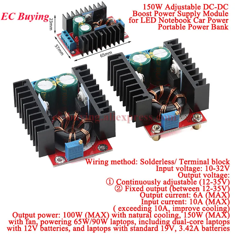 150W Adjustable DC-DC Boost Converter Step Up Power Supply Module 10-32V To 12-35V 10A Laptop Voltage Charge Board Car Power