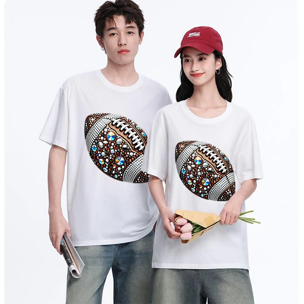 Rhinestone Football Printed T Shirt Breathable Fabric S-3XL Personalized Custom Casual Short Sleeve Tee Aesthetic Graphic Top Un