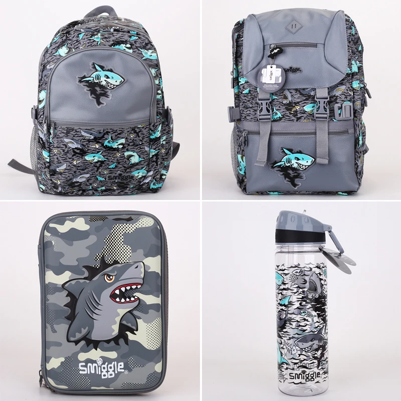 NEW Australian Smiggle Elementary School Grey Shark Shoulder Reducing Backpack Boy Leisure Backpack Pencil Box gift to kid